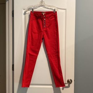 Size 28 red denim rough hem jeans. 26.5 inches inseam,